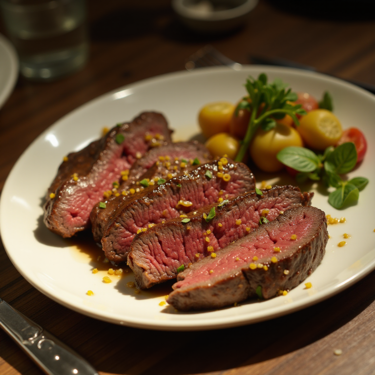 Steak auf einem Teller, das nachhaltige und gesunde Rote Fleisch zeigt, das den Körper mit wichtigen Nährstoffen versorgt.