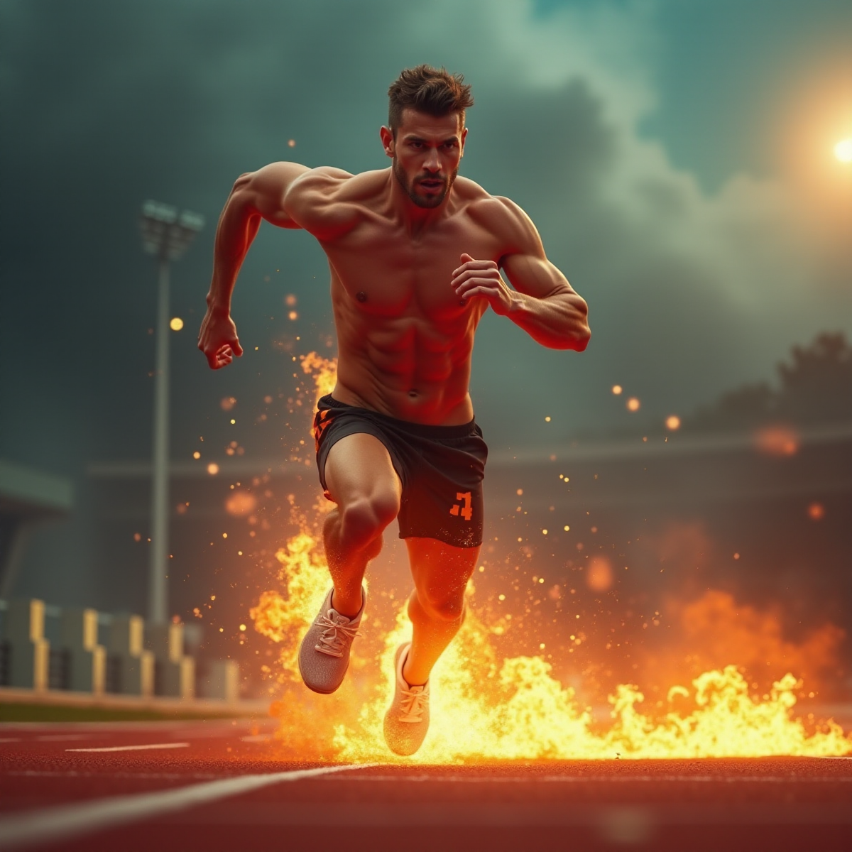 Mann in Flammen sprintet auf einem Track – Symbol für HIIT Workout